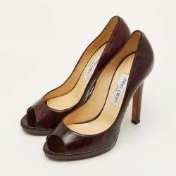 Pre Owned Jimmy Choo Luna Size 39 Brown Tortoise Shell Patent Leather Peep Toe Pumps