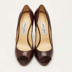Pre Owned Jimmy Choo Luna Size 39 Brown Tortoise Shell Patent Leather Peep Toe Pumps