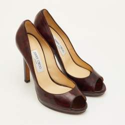 Pre Owned Jimmy Choo Luna Size 39 Brown Tortoise Shell Patent Leather Peep Toe Pumps