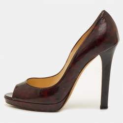 Pre Owned Jimmy Choo Luna Size 39 Brown Tortoise Shell Patent Leather Peep Toe Pumps