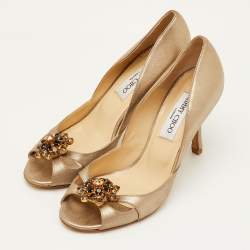 Pre Owned Jimmy Choo Size 38 Gold Metallic Leather Flower Crystal Embellished D'orsay Pumps