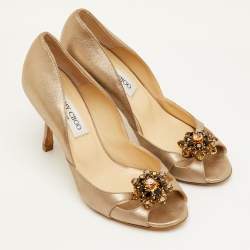 Pre Owned Jimmy Choo Size 38 Gold Metallic Leather Flower Crystal Embellished D'orsay Pumps