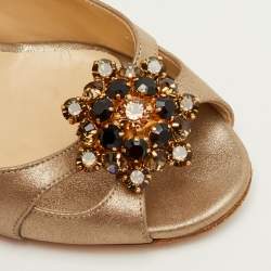 Pre Owned Jimmy Choo Size 38 Gold Metallic Leather Flower Crystal Embellished D'orsay Pumps