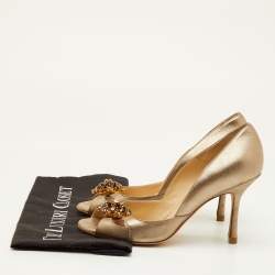 Pre Owned Jimmy Choo Size 38 Gold Metallic Leather Flower Crystal Embellished D'orsay Pumps