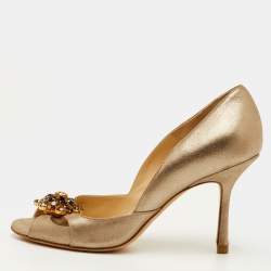 Pre Owned Jimmy Choo Size 38 Gold Metallic Leather Flower Crystal Embellished D'orsay Pumps