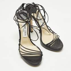 Pre Owned Jimmy Choo Antia Size 39.5 Black Leather Ankle Strap Sandals