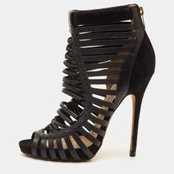 Pre Owned Jimmy Choo Caged Size 38.5 Black Leather and Suede Open Toe Gladiator Sandals