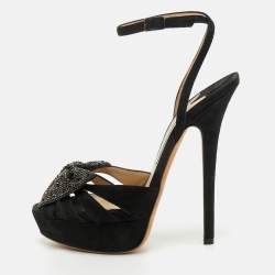 Pre Owned Jimmy Choo Size 38.5 Black Suede Bow Crystal Embellished Ankle Strap Platform Sandals
