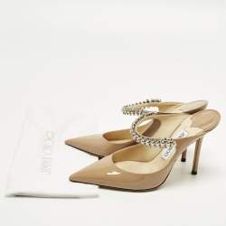 مملوكة مسبقًا حذاء جيمي تشو بينغ بتمام جلد براءات بيج مزين بالكريستال مقاس 38