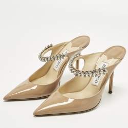 مملوكة مسبقًا حذاء جيمي تشو بينغ بتمام جلد براءات بيج مزين بالكريستال مقاس 38