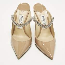 مملوكة مسبقًا حذاء جيمي تشو بينغ بتمام جلد براءات بيج مزين بالكريستال مقاس 38