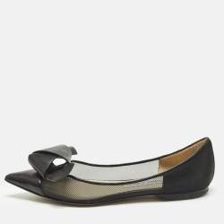 Pre Owned Jimmy Choo Size 36 Black Leather Mesh Bow Ballet Flats
