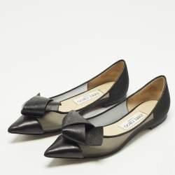 Pre Owned Jimmy Choo Size 36 Black Leather Mesh Bow Ballet Flats