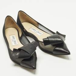Pre Owned Jimmy Choo Size 36 Black Leather Mesh Bow Ballet Flats