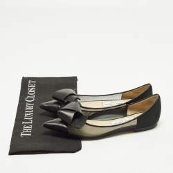 Pre Owned Jimmy Choo Size 36 Black Leather Mesh Bow Ballet Flats