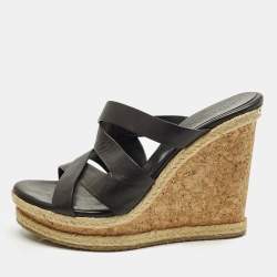 مملوكة مسبقًا Jimmy Choo Size 41 Black Leather Cork Wedge Sandals