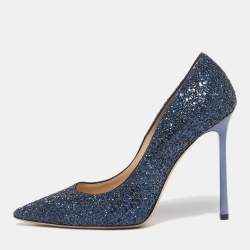 Pre Owned Jimmy Choo Romy Size 37 Blue Glitter PoInted Toe Pumps