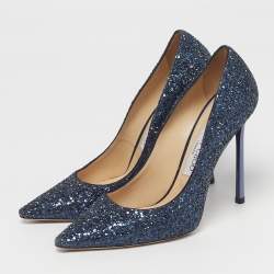 Pre Owned Jimmy Choo Romy Size 37 Blue Glitter PoInted Toe Pumps