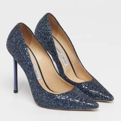 Pre Owned Jimmy Choo Romy Size 37 Blue Glitter PoInted Toe Pumps