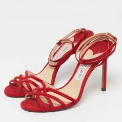 Pre Owned Jimmy Choo Size 38.5 Red Suede Ankle Strap Sandals