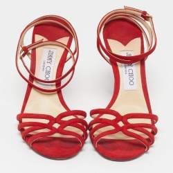 Pre Owned Jimmy Choo Size 38.5 Red Suede Ankle Strap Sandals