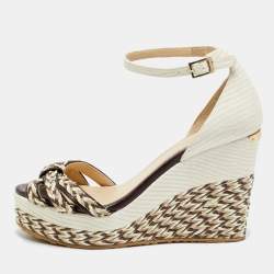مملوكة مسبقًا Jimmy Choo Size 37.5 White/Brown Lizard Embossed Leather Raffia Wedge Sandals