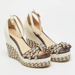 مملوكة مسبقًا Jimmy Choo Size 37.5 White/Brown Lizard Embossed Leather Raffia Wedge Sandals