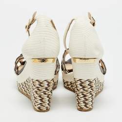 مملوكة مسبقًا Jimmy Choo Size 37.5 White/Brown Lizard Embossed Leather Raffia Wedge Sandals