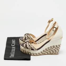 مملوكة مسبقًا Jimmy Choo Size 37.5 White/Brown Lizard Embossed Leather Raffia Wedge Sandals
