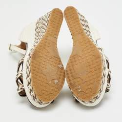 مملوكة مسبقًا Jimmy Choo Size 37.5 White/Brown Lizard Embossed Leather Raffia Wedge Sandals