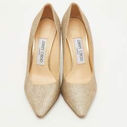 Pre Owned Jimmy Choo Romy Size 35.5 Metallic Gold Glitter Pointed Toe Pumps