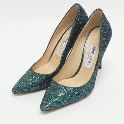 Pre Owned Jimmy Choo Romy Size 37 Green Glitter PoInted Toe Pumps