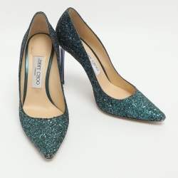 Pre Owned Jimmy Choo Romy Size 37 Green Glitter PoInted Toe Pumps