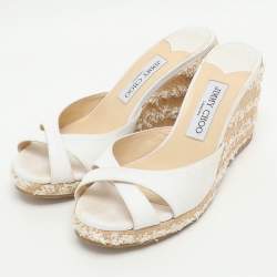 Pre Owned Jimmy Choo Avenue Size 37.5 White Canvas Espadrille Sandals