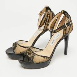 مملوكة مسبقًا صندل جيمي تشو سير كاحل فيتش غليتر ودانتيل أسود مقاس 38.5