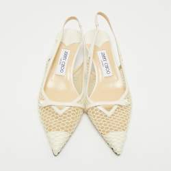 Pre Owned Jimmy Choo Amita Size 38 White Leather and Mesh Slingback Pumps