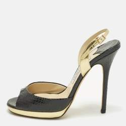 مملوكة مسبقًا Jimmy Choo Size 38.5 Black/Gold Python and Leather Platform Slingback Sandals 