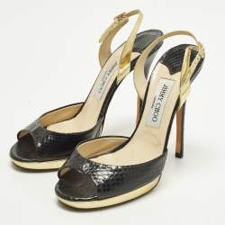مملوكة مسبقًا Jimmy Choo Size 38.5 Black/Gold Python and Leather Platform Slingback Sandals 