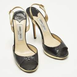 مملوكة مسبقًا Jimmy Choo Size 38.5 Black/Gold Python and Leather Platform Slingback Sandals 
