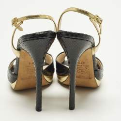 مملوكة مسبقًا Jimmy Choo Size 38.5 Black/Gold Python and Leather Platform Slingback Sandals 