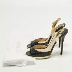 مملوكة مسبقًا Jimmy Choo Size 38.5 Black/Gold Python and Leather Platform Slingback Sandals 