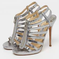 مملوكة مسبقًا Jimmy Choo Glenys Size 38.5 Silver Snakeskin Embossed Leather Gladiator Sandals