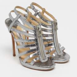 مملوكة مسبقًا Jimmy Choo Glenys Size 38.5 Silver Snakeskin Embossed Leather Gladiator Sandals