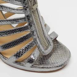 مملوكة مسبقًا Jimmy Choo Glenys Size 38.5 Silver Snakeskin Embossed Leather Gladiator Sandals