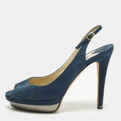 Pre Owned Jimmy Choo Aadi Size 38 Navy Blue Suede Platform  Slingback Pumps