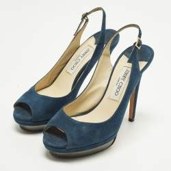 Pre Owned Jimmy Choo Aadi Size 38 Navy Blue Suede Platform  Slingback Pumps