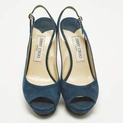 Pre Owned Jimmy Choo Aadi Size 38 Navy Blue Suede Platform  Slingback Pumps