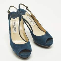 Pre Owned Jimmy Choo Aadi Size 38 Navy Blue Suede Platform  Slingback Pumps