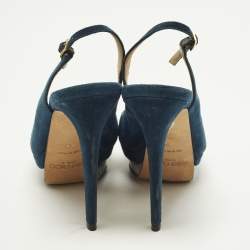 Pre Owned Jimmy Choo Aadi Size 38 Navy Blue Suede Platform  Slingback Pumps