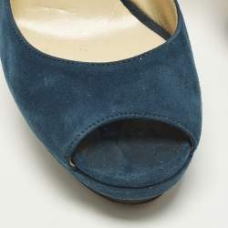 Pre Owned Jimmy Choo Aadi Size 38 Navy Blue Suede Platform  Slingback Pumps
